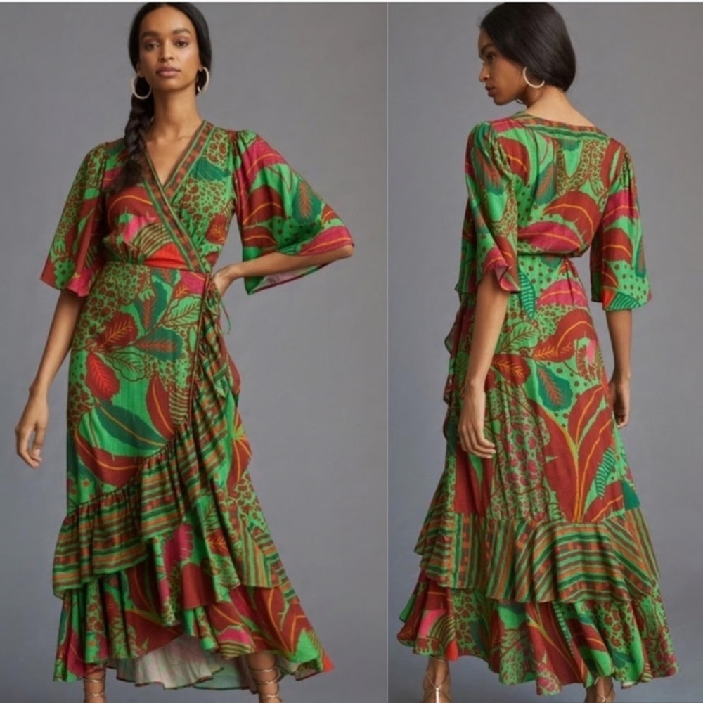 Farm Rio Xsp Floral Wrap Maxi Dress in Green and Red